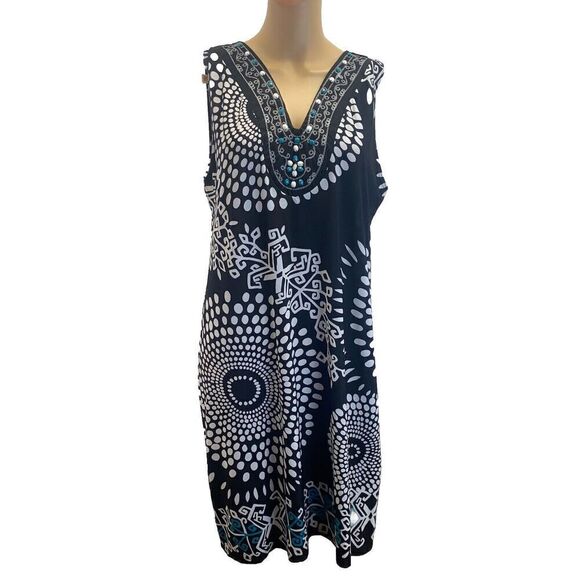 TATIANA B Women’s Size L Black White  Embroidered Beaded Sleeveless Retro Dress - Picture 1 of 14